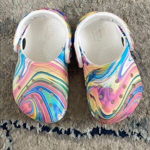 CROCS Blue and Pink Marbled Classic Clogs